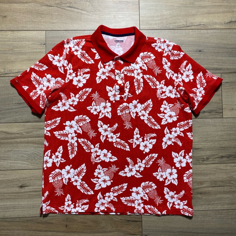 Lands End Mens Floral Hawaiian Traditional Fit Polo Shirt Size L 42-44 Red White